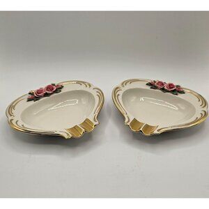 Pair of Antique Dresden Ashtrays for 2 Delicate Coquette Roses and Gold Details